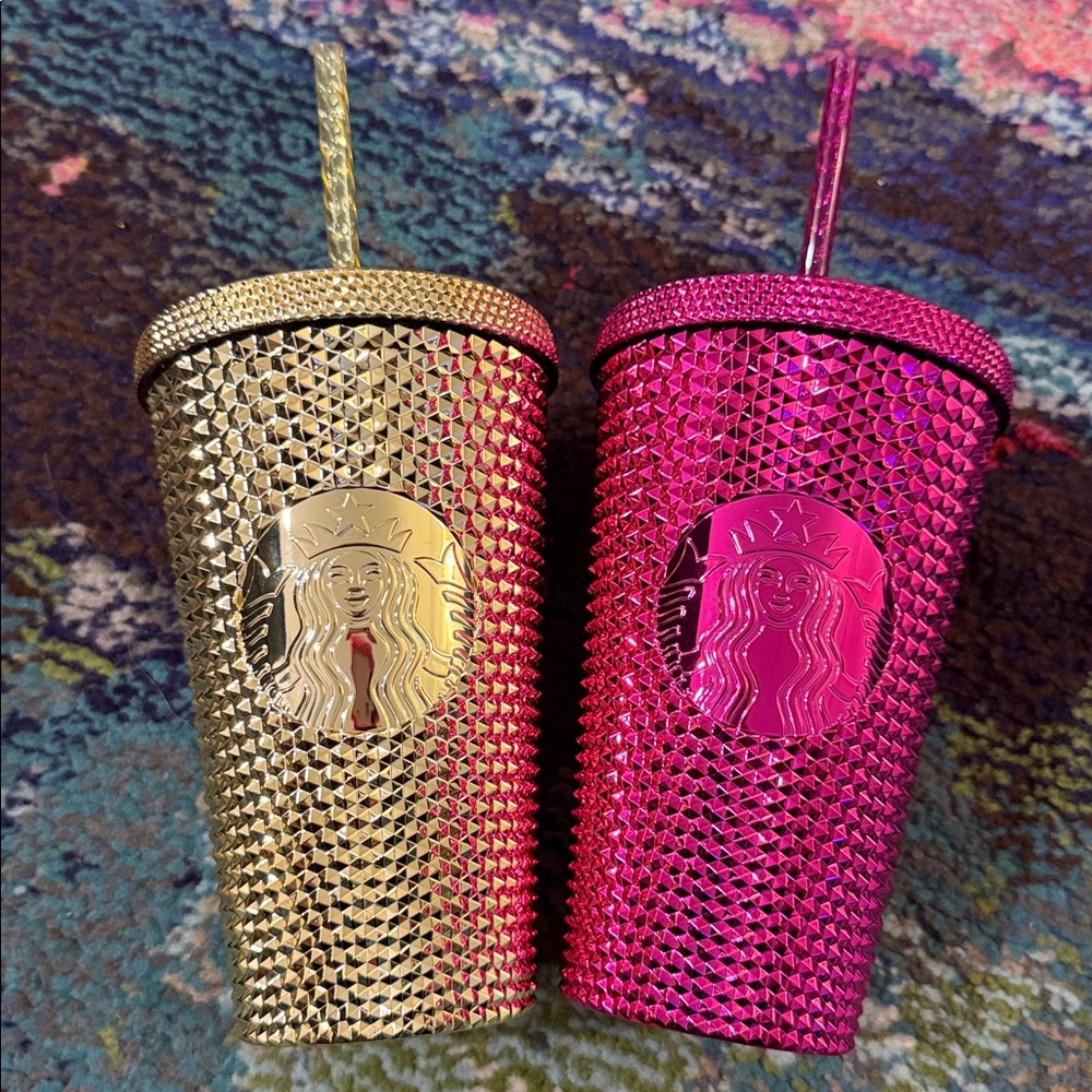 Starbucks Limited Edition Metallic Chrome Set 2 Tumblers Gold & Pink NEW - Picture 1 of 5